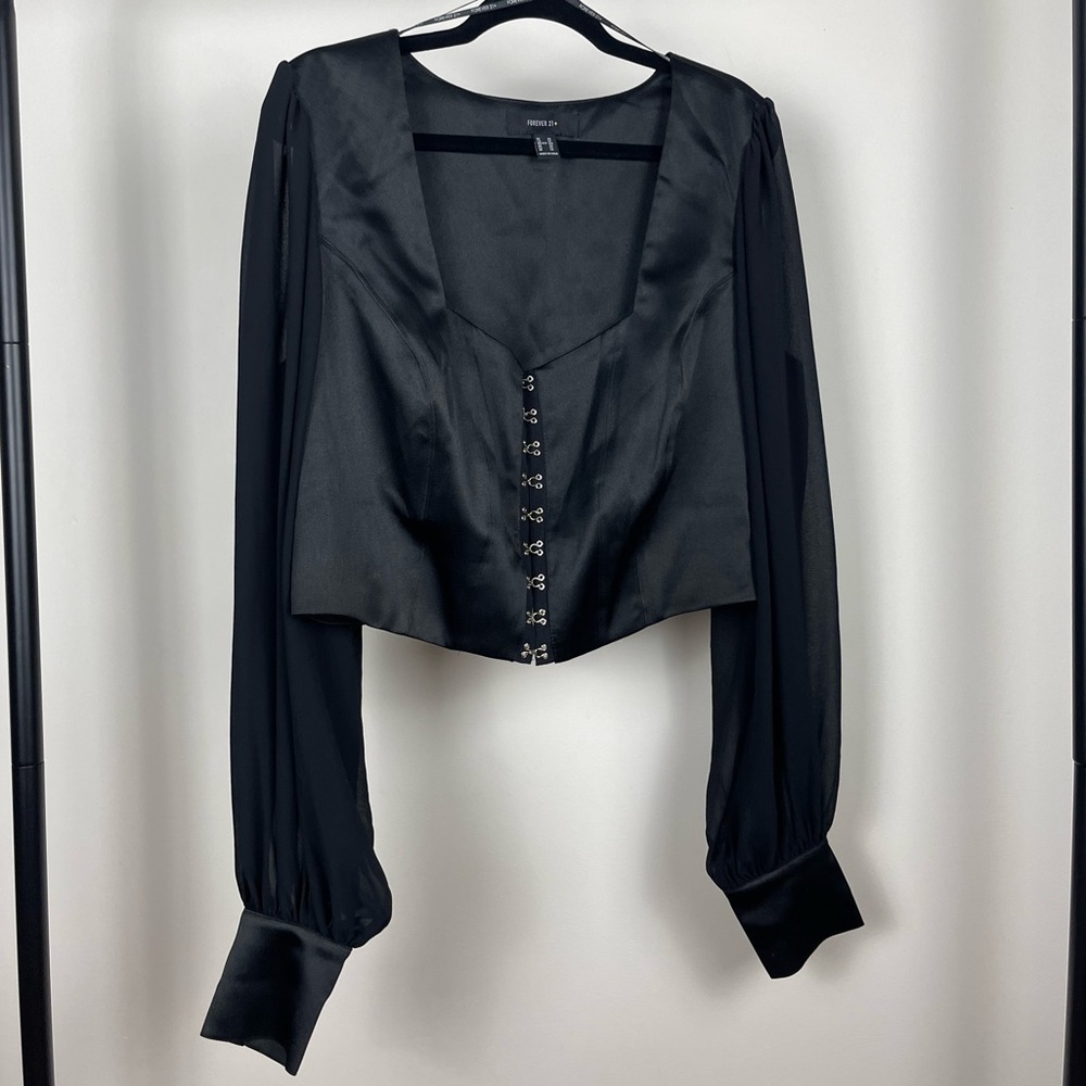 Forever 21 Black Crop Corset Detailing Sheer Balloon Sleeve Top Sz 2X